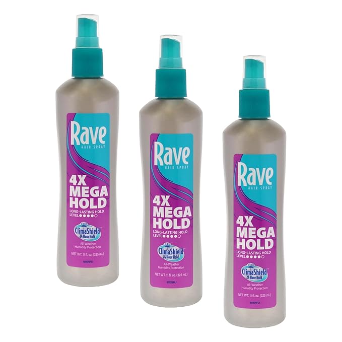 rave 4X Mega Long-Lasting Firm Hold Hair Spray for Heat Protection, Volume and Shine - 24 Hour Hold & Anti Humidity Spray for Hair - Minimizes Frizz - Unscented & Non Aerosol - 11 Fl Oz (Pack of 3)