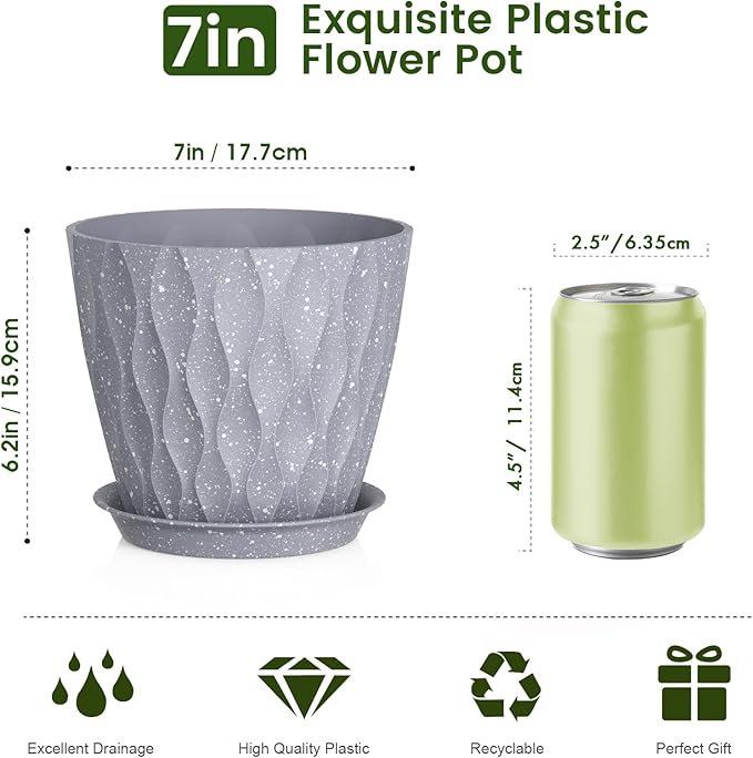 Meowell 7 inch Plant Pots for Indoor Outdoor Plants, 5 Pack Thick Flower Pots with Drainage Holes and Saucers, 3D Modern Wave Texture Plastic Planter Nursery Pots, Speckled Grey