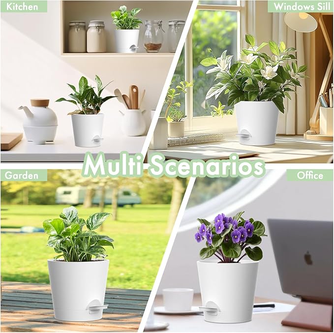 WSMKSZ 4 inch Self Watering Pots for Indoor Outdoor Plants, 6 Pack Plastic Flower Planters with Drainage Holes and Removable Saucers, Plant Pots with Wicking Rope, Modern Decor, White