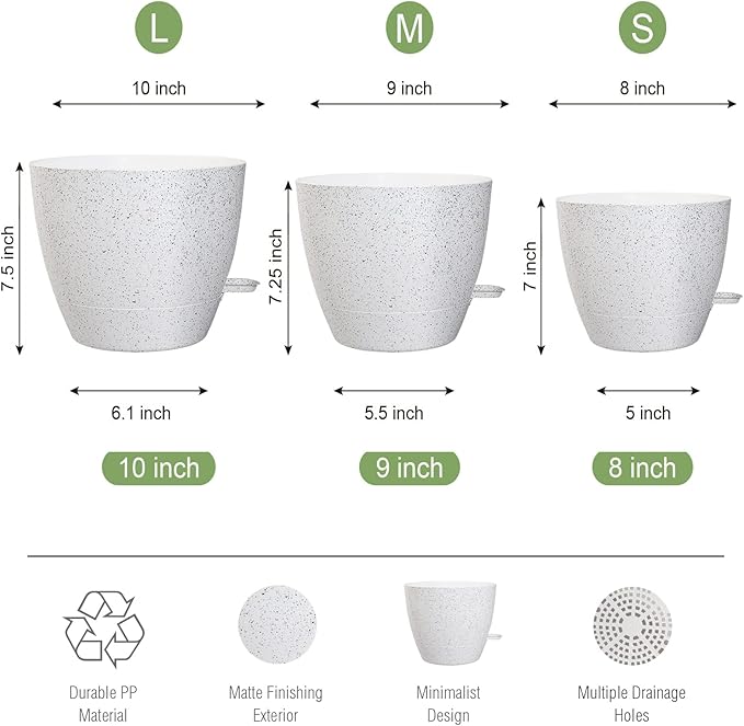 UOUZ 10/9/8 inch Self Watering Pots, Set of 3 Plastic Planters with Mesh Drainage Holes and Deep Reservoir for Indoor Outdoor Garden Plants and Flowers, White Speckles