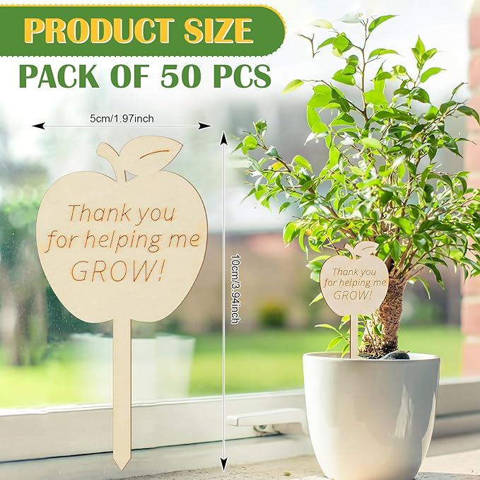 Sieral 50 Pcs Wooden Teacher Appreciation Plant Tags Sign, Thank You for Helping Me Grow, Apple Shape Plant Tags, Grow Succulent Gift Card Graduation Gifts Stakes Labels Garden for Baby Shower