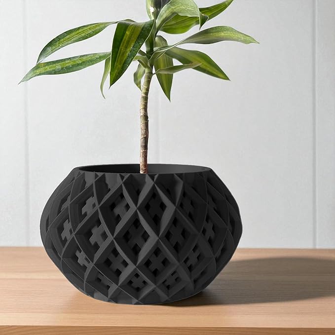 DarkStone Modern Geometric Planter – Bold Black Round Pot with Cross-Lattice Texture – Compact Indoor Plant Container with Drainage Hole (Black, Outer Dimensions: Compact 6" Width x 4" Height)