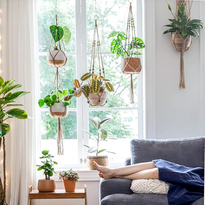 Mkono Macrame Plant Hangers Set of 4 Indoor Hanging Planter Basket Wall Decorative Flower Pot Holder with 4 Hooks for Indoor Outdoor Home Decor Gift Box, Brown