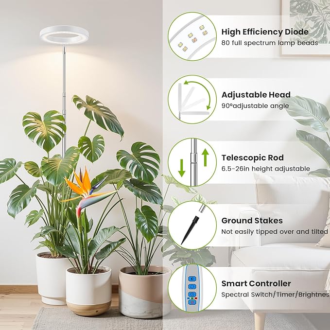 Kullsinss White Grow Light, Full Spectrum LED Plant Lights for Indoor Growing with 6/12/16H Timer, 3 Color Modes, 5 Brightness, 10"-65" Height Adjustable Growing Lamp for Large Indoor Plants, 2 Pack