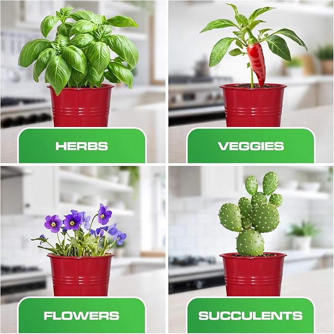 Plexon Herb Planter Indoor Garden Set of 3 with Tray, Metal Herb Pots for Indoor Plants, Round Kitchen Garden Kit Ideal for Windowsill Planter or Countertop, Red Powder Coated