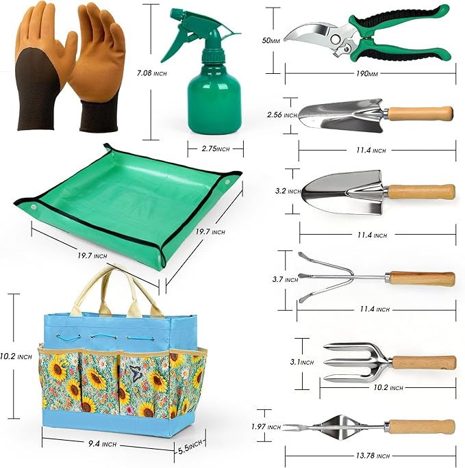 Garden Tool Set, 10 PCS Gardening Essentials, Stainless Steel Garden Hand Tools with Tote Bag, Well-Designed Gardening Supplies Kit Gifts for Women Men Gardeners
