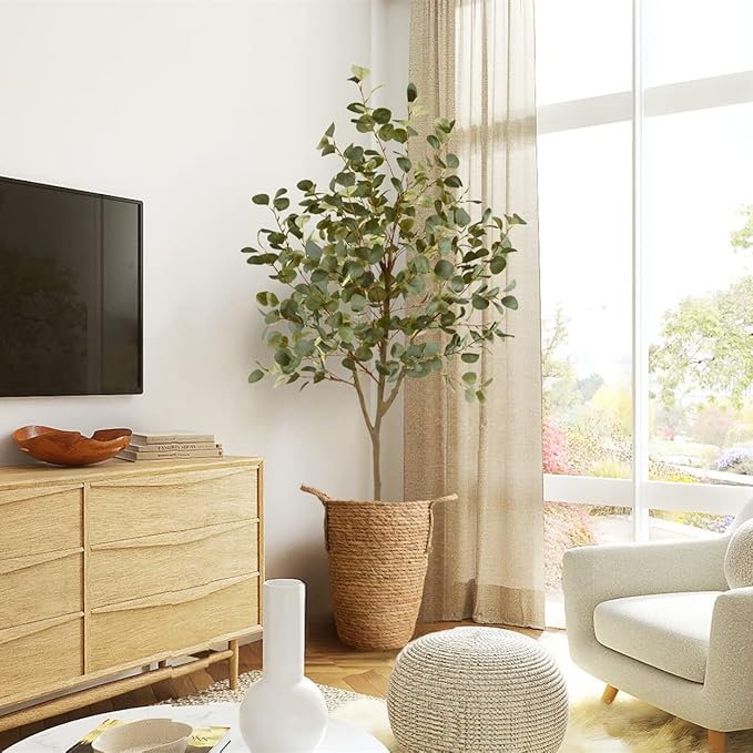 Warmplants Artificial Eucalyptus Tree, 6ft Tall Fake Eucalyptus Plant with Basket, Green Silver Dollars Silk Leaves Faux Tree for Home Office Livingroom Floor Decor Indoor