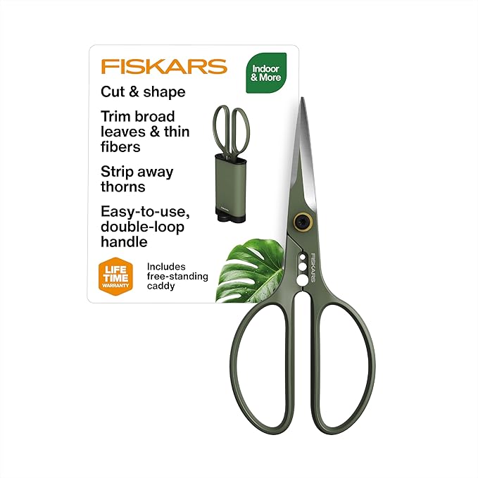 Fiskars Plant Shaping Shears & Holder, Precision Indoor Gardening Snips with Storage Caddy, Forged Stainless Steel Blades for Clean Cuts on Broad Leaves, Ambidextrous Handles & Stem Stripper, 6"
