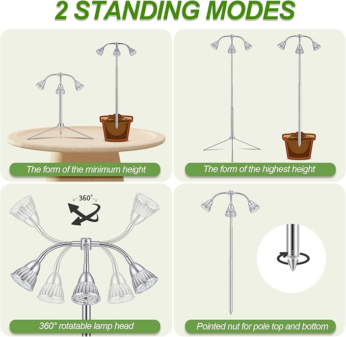 Grow Lights with 3 Heads for Indoor Plants, 10-55 Inches Height Adjustable Aluminum Alloy, Full Spectrum Plant Growing Lamps with Detachable Tripod Stand, Auto On/Off Timer
