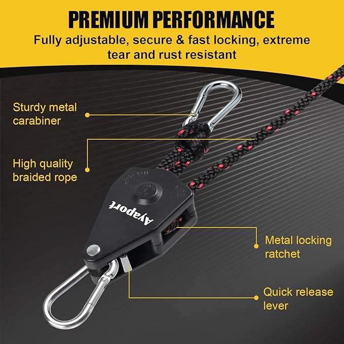 Ayaport Adjustable Rope Hanger Grow Light Hanger, 14Ft 3/8" Heavy Duty Plant Pulley Rope Tightener Ratchet Tie Down for Kayak, Tent Tie Downs, 4 Pack