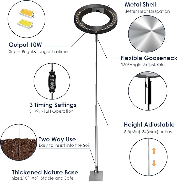 IMVSINCERE Halo Grow Light for Indoor Plants 72 LEDs - Adjustable Height （6.5-25 in） Full Spectrum LED Growing Lamp with Base, Auto On/Off Timer (3/9/12H), 10 Dimmable Brightness, 5V Adapter 160MM