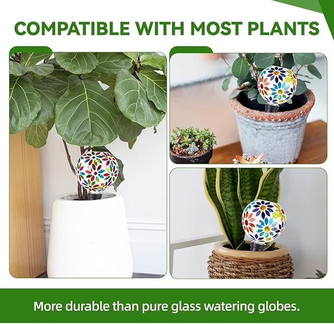 VOREEN Mosaic Plant Watering Globes 2 Pack 500ml with Terracotta Spikes, Handmade Self-Watering Stakes for Indoor/Outdoor, Gift for Garden Lover, Automatic Watering Devices (Multi Colored Flowers)