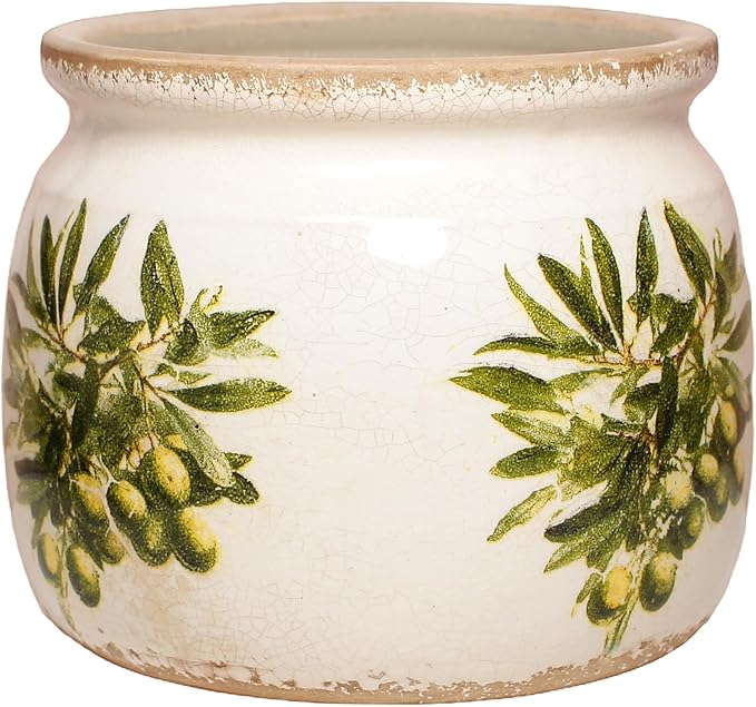 Xiaan Jiaju Mediterranean Ceramic Plant Pots with Olives Branches Pattern, 6 Inch Tuscan Planter for Indoor Plants, Rustic Farmhouse Home Kitchen Decor, Tuscan Vase for Centerpiece, Olive Green