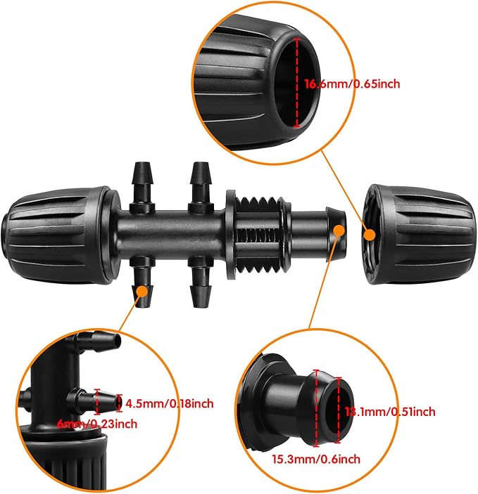 Drip Irrigation Fittings for 1/2 Inch to 1/4 Inch Tubing Reducing Tee, 12 Pcs 1/2'' to 1/4" Drip Line Anti-Drop Locked Nut Barbed Reducer 6 Way Tee Connectors & 12 Pcs End Caps for Drip Systems