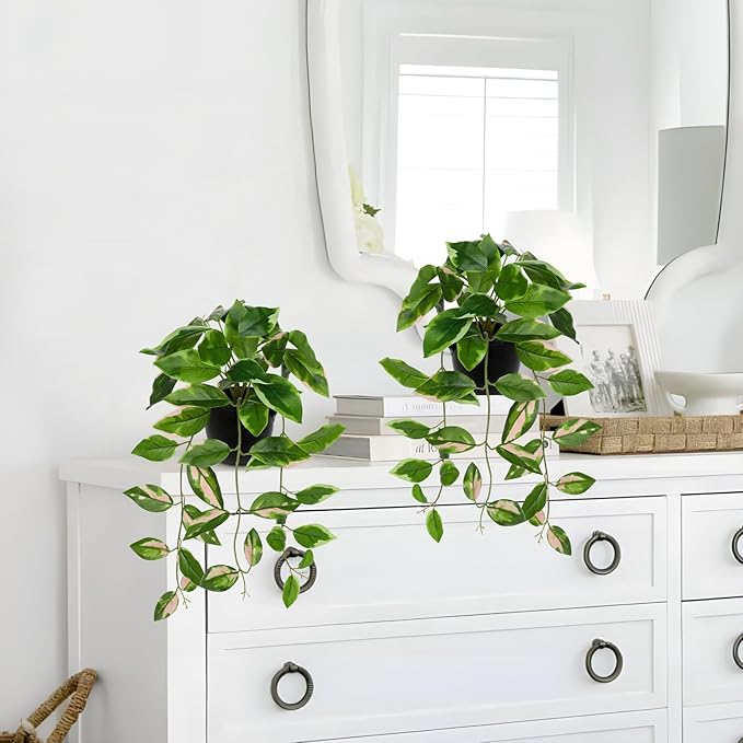 Briful Small Fake Plants Indoor (Set of 2) Realistic Faux Trailing Plant Artificial Potted Plants in Black Pot Pink N' Joy Leaf Houseplant for Living Room Table Kitchen Counter Shelf
