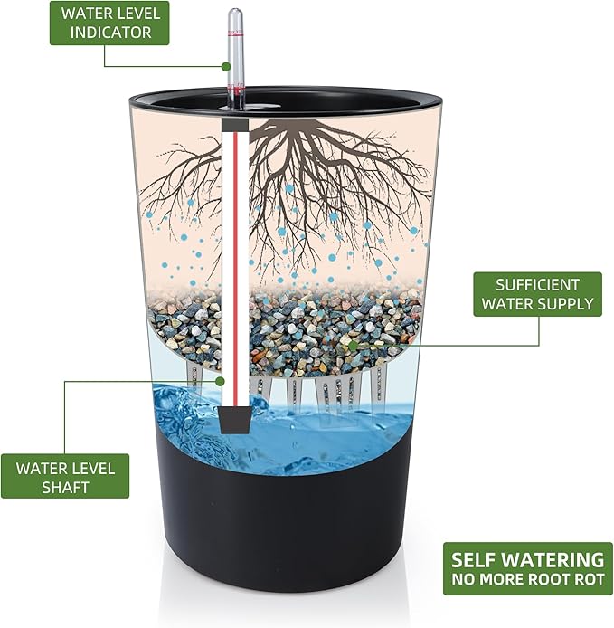 Dexceder 16x12 Tall Self Watering Planter High Cylinder Indoor Outdoor, Thickened Large Floor Standing Flower Plant Pot with Water Level Indicator (Black Matte)