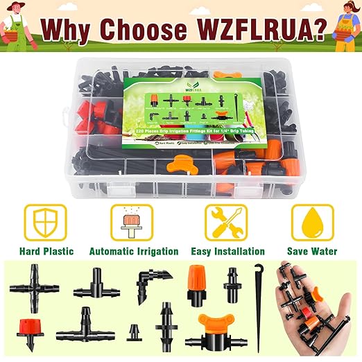 220-Piece Drip Irrigation Fittings Kit for 1/4" Tubing, Complete Set of Drip Barbed Connectors (Nozzle, Micro Dripper, Nozzle Tee, Single Barb, Coupling, Tee, Elbow, Valve, Plug, Cross, Stake)