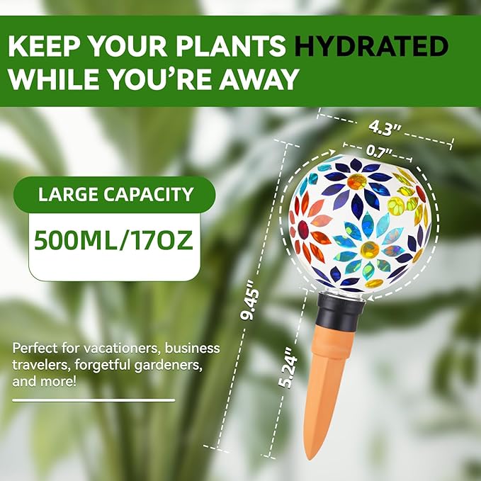 VOREEN Mosaic Plant Watering Globes 2 Pack 500ml with Terracotta Spikes, Handmade Self-Watering Stakes for Indoor/Outdoor, Gift for Garden Lover, Automatic Watering Devices (Multi Colored Flowers)