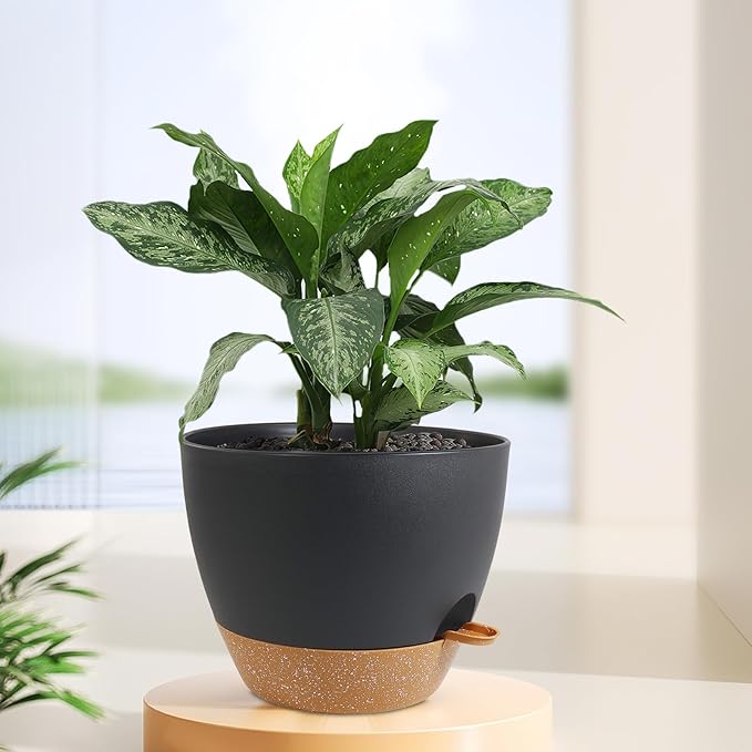 Meowell 12 inch Large Self Watering Pots, Plant Pots with Mesh Drainage Holes for Indoor Outdoor Plants, Plastic Planters with Deep Reservoir for Garden House Flower Plants, Black with Brown