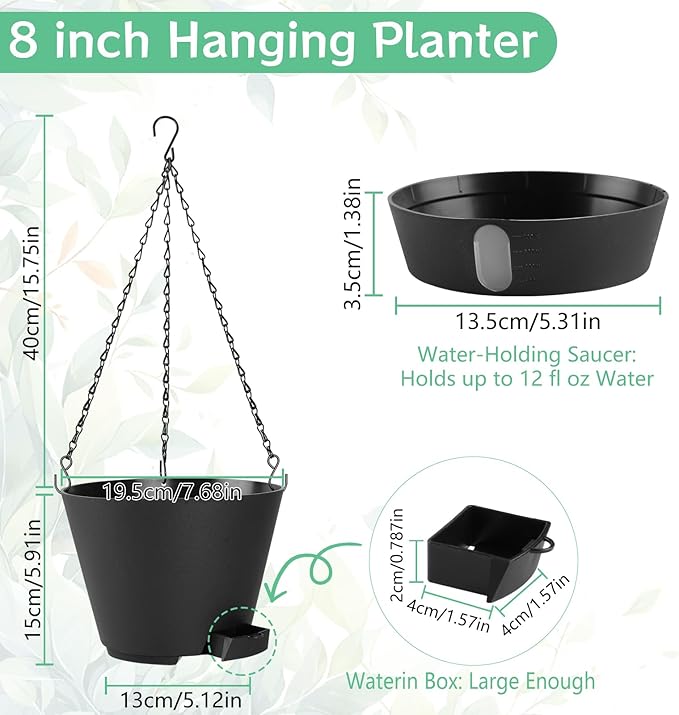 8 Inch Hanging Planters Indoor Outdoor, 3 Pack Plastic Self Watering Plant Pots with Drainage Holes & Saucers, Hanging Baskets Flower Pots with Chain for Ivy, Spider Plant, Pothos, Ferns