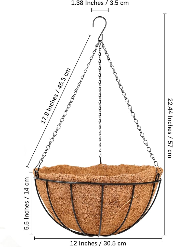 HKZ Hanging Basket Planter Plants Outdoor - 4 Pack 12 Inch Metal Hanging Planter with Coco Liners, Chain Hook Hanging Flower Pots for Indoor Outdoor Garden Porch Decoration
