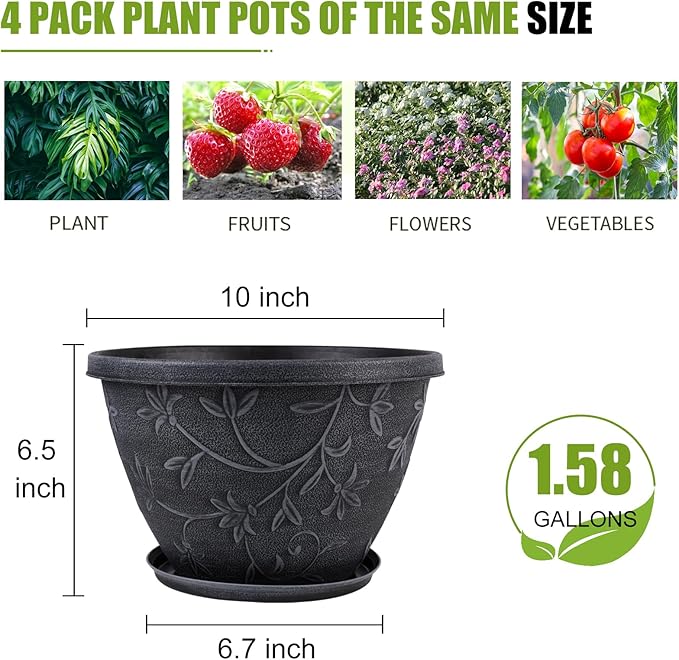 Nooulap 4 Pack 10 Inch Plant Pot for Outdoor Indoor, Plastic Flower Pots with Drainage Hole & Saucer, Lightweight Small Resin Flower Pot, Imitation Magnolia Planter Pots for Garden House（Gray）