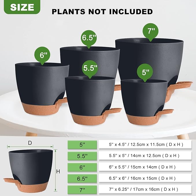 Vanslogreen Plant Pots Pack of 5, 7/6.5/6/5.5/5 Inch Self Watering Planters with Drainage Hole Planter for Indoor Plants, Planting Pots for African Violet, Ochid and House Plants (Black)