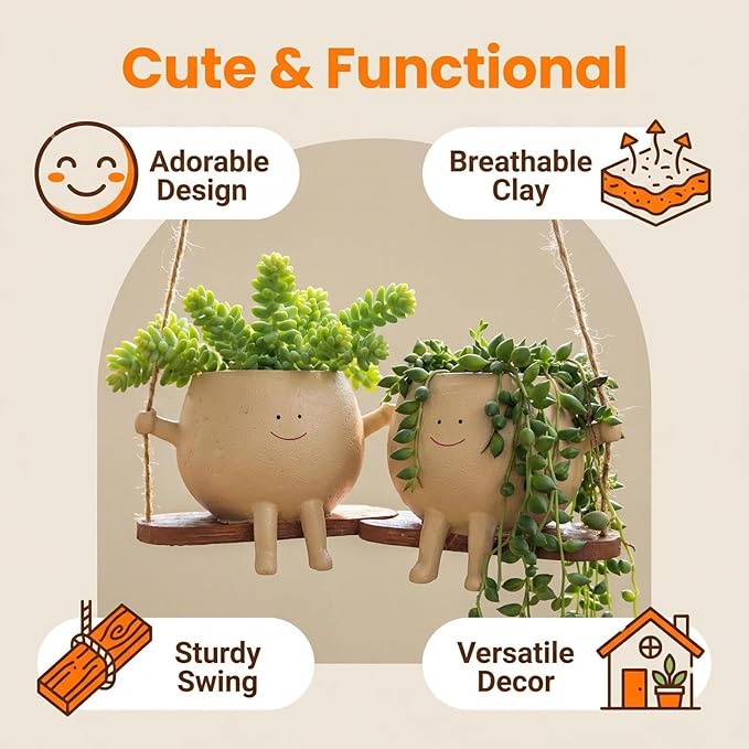 TEARS OF GAIA Hanging Planters for Indoor Plants, Smiley Face Planter Pot Cute Resin Flower Head Planters with Drainage, for Mom, Funny Succulent Plant Lover Gift for Plant Lovers (Big Swing)