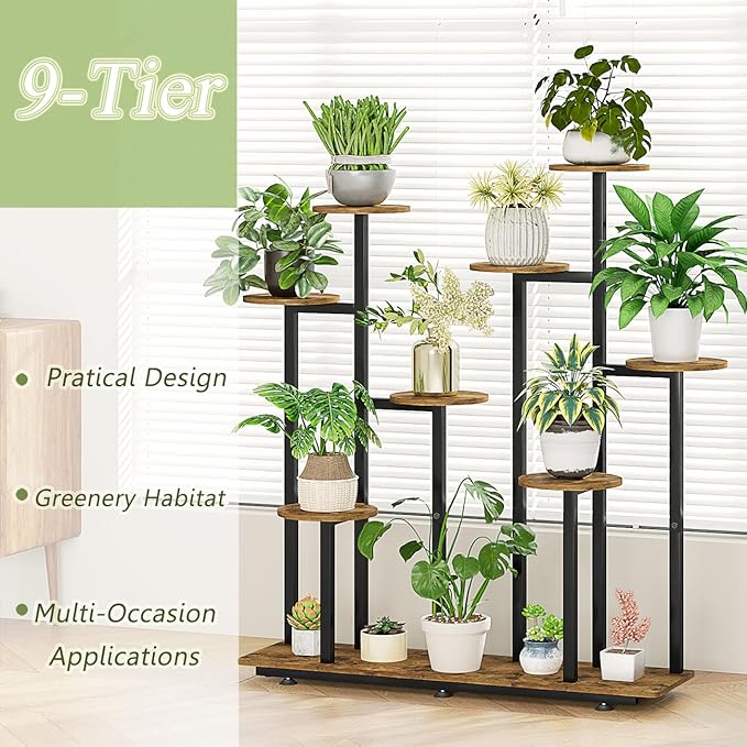 INGIORDAR Plant Stand Indoor Outdoor Corner Flower Stands Multiple Flower Pot Holder for Patio Garden Balcony Living Room 9 Tier Black+Rustic Brown
