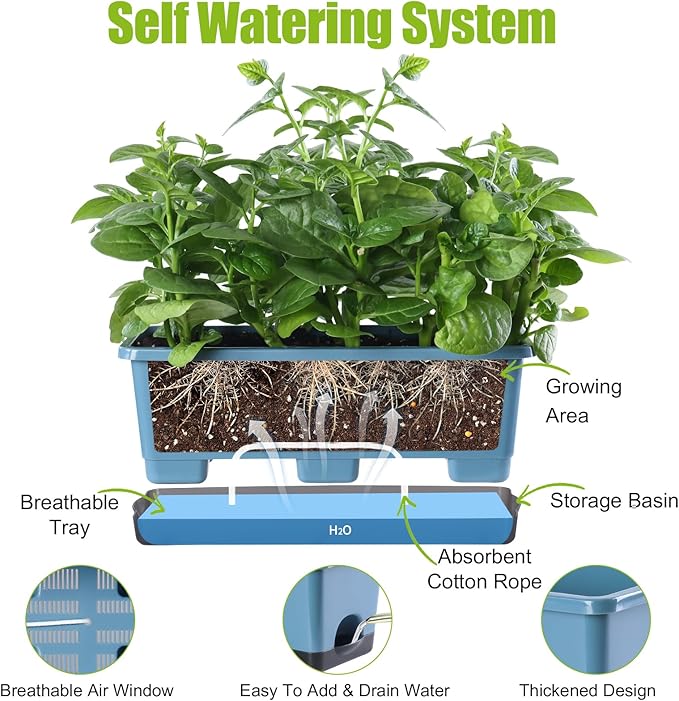 Oliz Window Box Planter 8 Pcs, 17 Inches Rectangle Flower Pots with Drainage Holes and Trays, Vegetable Planters for Windowsill Patio Garden Balcony Home Porch Yard Indoor Outdoor (Blue)