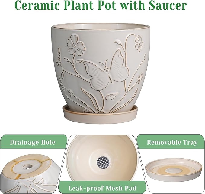 MPotTo 8 Inch Ceramic Pots for Plants Large Planter Pot with Drainage Hole and Saucer Round Flower Pot for Indoor Outdoor Decor, White