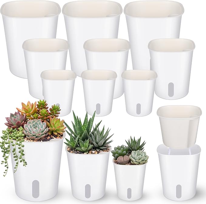 Ziliny 9 Pcs Self Watering Pots Plastic Plant 3 Sizes Flower Plant Pot with Inner White Flower Pots for Indoor House Plants Plastic Self Watering Pot for Herbs Flowers (Xs,S,M)