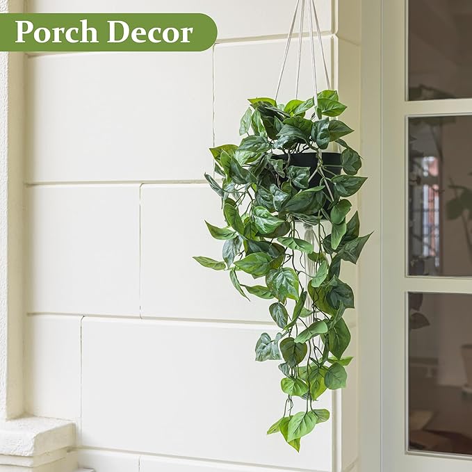 Artificial Pothos Hanging Plant, Fake Pothos with Woven Net, Realistic Faux Ivy Vine Fake Potted Plants for Shelves, Patio, Office, Living Room, Bathroom, Indoor Outdoor Decor(with Flowerpot)