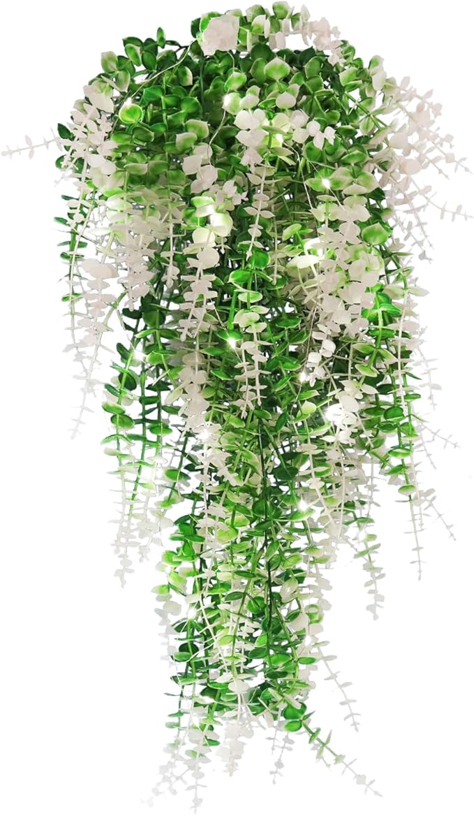 Hanging Monkey Grass Artificial Plants with Lights Outdoor Faux Draping Plants Indoor Artificial Hanging Plants Wall Decor Fake Hanging Planta for Wall House Room Patio Bedroom Decoration(White)