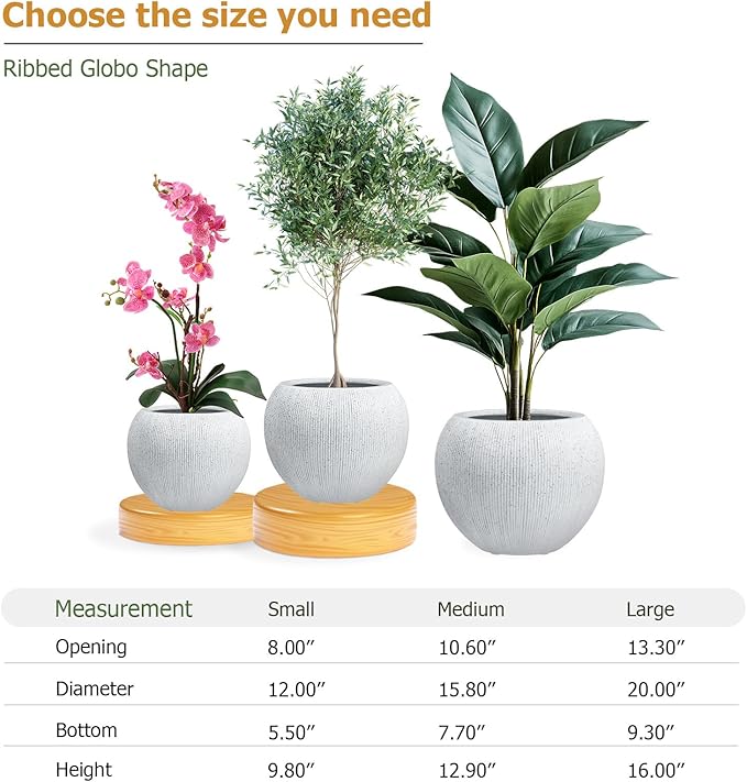 KUTE NEST 12.8"H x 16"D Premium Ribbed Globo Fiberstone Round Planter with Drainage Hole, Weather Resistant for Indoor and Outdoor Use, Included 2 Extra Coco Mats (Speckled White, 10.7" Pot Opening)