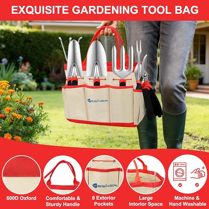 Yesker Gardening Tools 9-Piece Heavy Duty Garden Tool Set Gardening Supplies Gifts for Women Men Gardening Hand Tool Kit with Non-Slip Ergonomic Handle, Garden Bag, Durable Gloves, Pruning Shears, Red