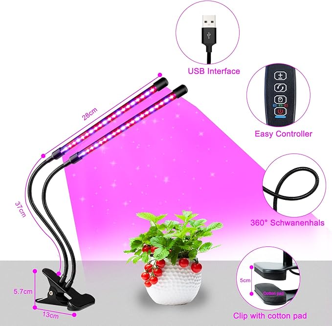 SDOVUERC Grow Lights for Indoor Plants, Full Spectrum LED Plant Lamps with Clips and 3m Cables for Seeding Growing(2 Pack)