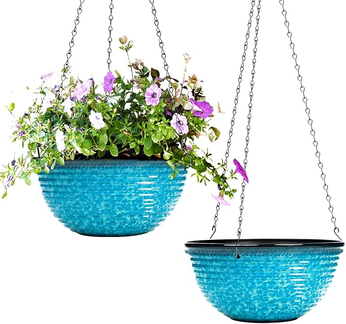 Vanslogreen 2 Pack Hanging Planters for Indoor Outdoor Plants, 10 Inch Hanging Planter with Drainage Hole & Plug Glazed Hanging Baskets Flower Pots for Garden Home (Snowflake Blue)