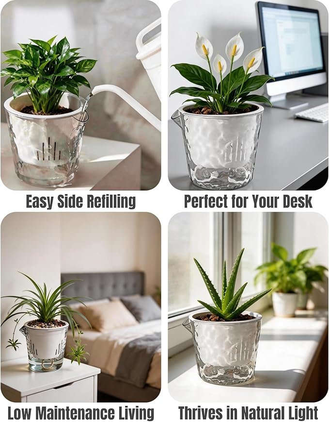 3-Pack Clear Self Watering Plant Pots, 5 Inch Clear Flower Pots with Drainage Holes, Tray and Rope, Plastic Self Watering Planters for Indoor Outdoor Garden Plants, African Violet, Herbs