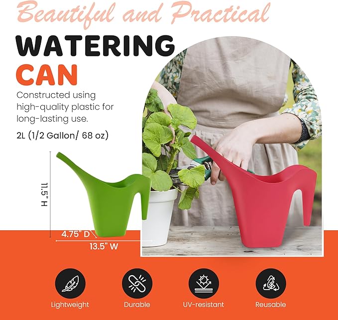 Mintra 1/2 Gallon Plant Watering Can, Indoor Outdoor Water Can for Plants, Long Spout Plastic Water Pitcher for Watering Flower Succulent, Durable and Lightweight, 2L/68 oz, 1 Pack, Orange