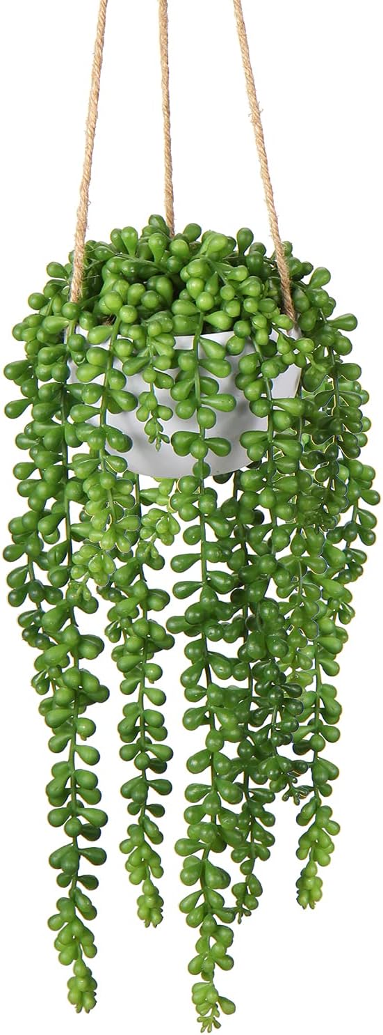 plants Fake Hanging with Pot, 14'' Faux String of Pearls Succulent Greenery Artificial Hanging for Indoor Home Office Farmhouse Bathroom Wall Shelf Decor - Green