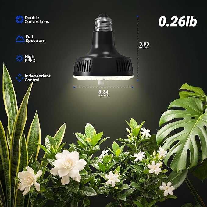 Barrina Orbgrow OG11A Grow Light Bulbs for Indoor Plants, Integrated Dimming & Timing, 4000K 44W(4 x 11W, 400 Watt Equiv), E26 Plant Light Bulb, Full Spectrum for Seeds and Greens, 4 Packs, Black