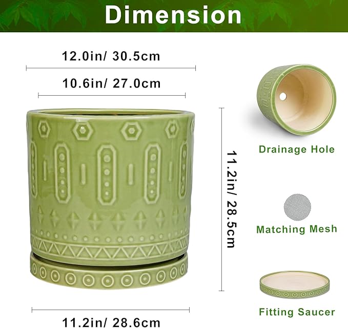 Eightpot Ceramic Planter - 12 Inch Pots for Plants Indoor Outdoor, Round Large Flower Pots with Drainage Hole and Saucer, Decorative Boho Planter, Home Office Decor, Plant Lover Gifts, Green