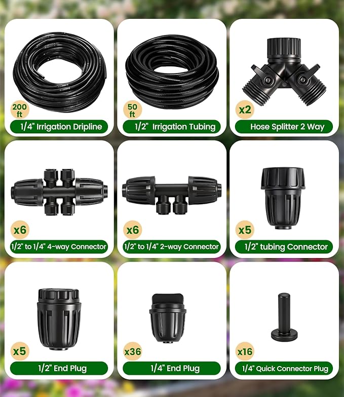 250FT Drip Irrigation Tubing Kit with 1/2 inch PVC Tubing, 1/4 inch Dripline, and Irrigation Parts for Garden, Raised Beds, and Greenhouse Watering