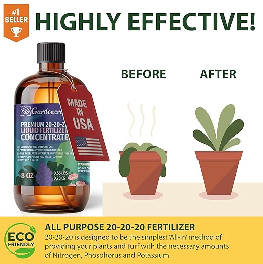 Gardenera Premium All-Purpose 20-20-20 Liquid Fertlizer - 𝐂𝐎𝐍𝐂𝐄𝐍𝐓𝐑𝐀𝐓𝐄 - Increases Flowering and Yield on All Varieties of Fruits, Vegetables and Flowers| Liquid Plant Superfood (8 OZ)