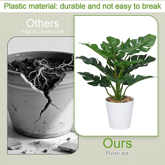 2PCS 12.2" Tall Artificial Monstera Plants for Office, Fake Plants Artificial Potted Plant Bathroom Decor Indoor Faux Tropical Plant Realistic Artificials for Home Office Table Bathroom Shelf Desktop