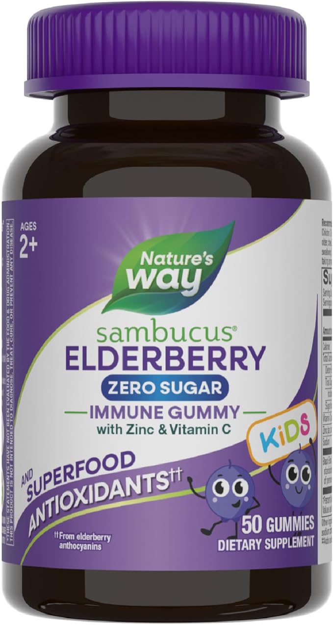 Nature's Way Sambucus Elderberry Zero Sugar Immune Gummies for Kids, Daily Immune Support*, Superfood Antioxidants(1), Black Elderberry Extract, Vitamin C, Zinc, Plant-Based Sweeteners, 50 Gummies