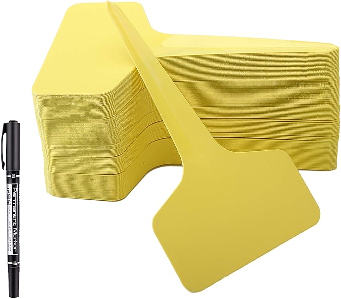 100 Pcs T-Type Plant Labels with a Gel Pen, Waterproof Nursery Plant Tags Plastic Garden Markers, Yellow, 6 x 10cm