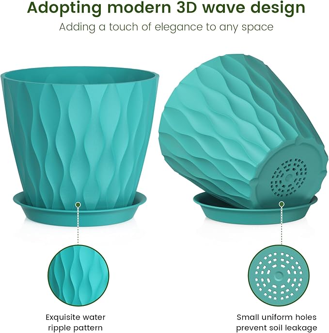 Meowell 7 inch Plant Pots for Indoor Outdoor Plants, 5 Pack Thick Flower Pots with Drainage Holes and Saucers, 3D Modern Wave Texture Plastic Planter Pots for Nursery and House Plants, Blue Green