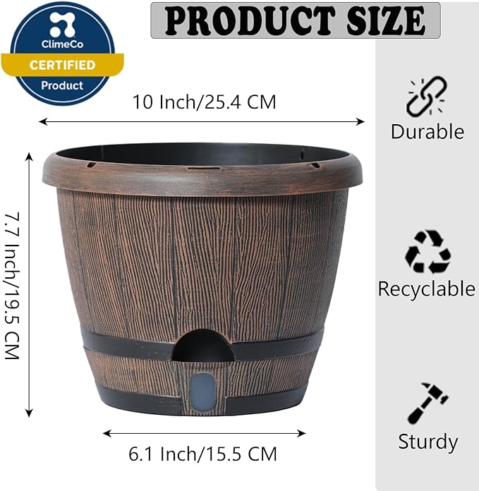 Sun-E 10 inch Plant Pots Self Watering Whiskey Barrel Planters with Drainage Hole&Saucer, Garden Home Indoor Outdoor Plants Pots, Planters for Indoor Plants, Gift Idea for Plant Lovers,Mixed Colors
